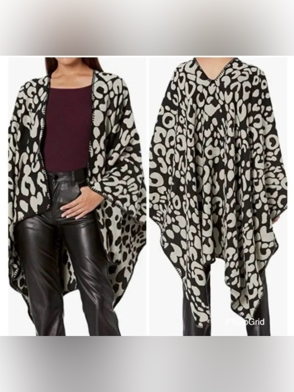 NWT OS Steve Madden Leopard Black Grey Reversible Poncho Cape Ruana Animal print